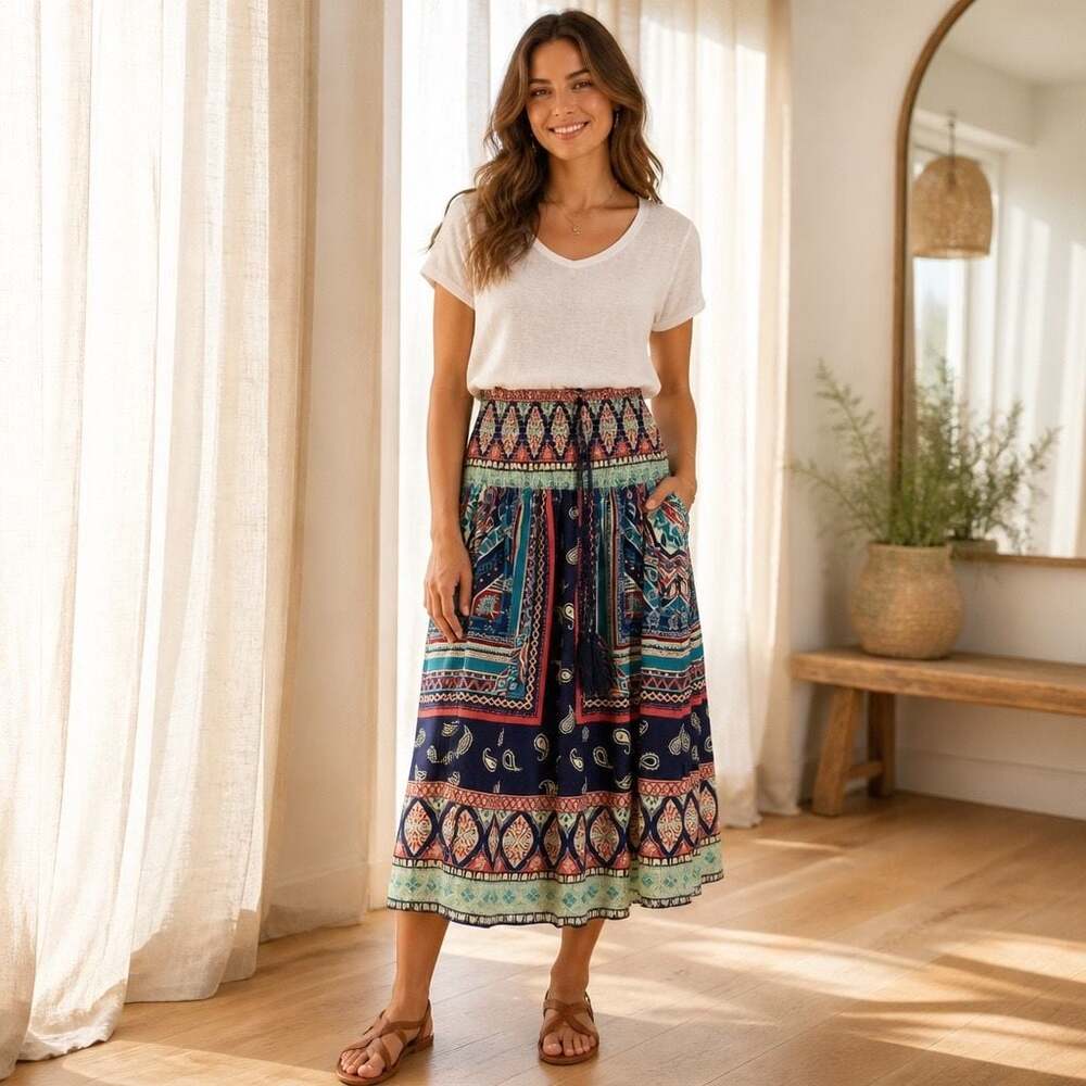 Lily Rain Ocean Drive Tube Shirring Scarf Smocked Boho Dress Skirt Blue NWT